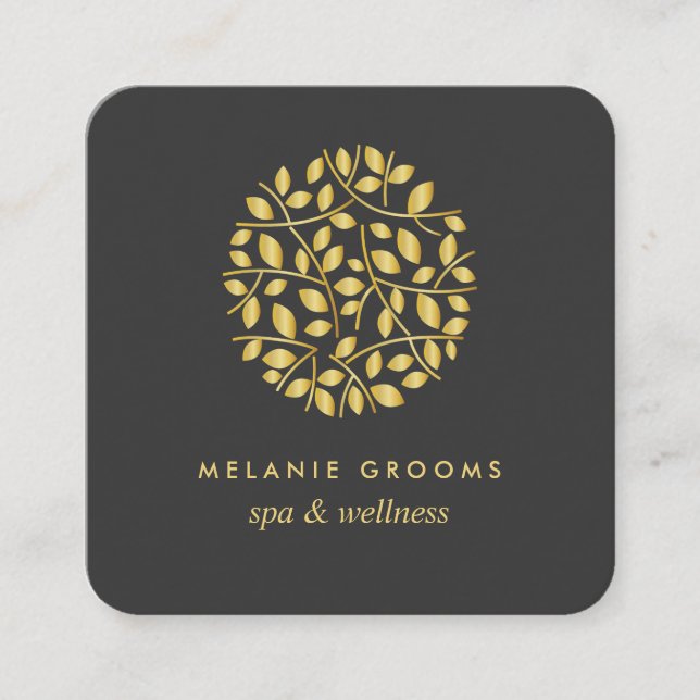 Gold leaves logo | wellness spa massage yoga square business card (Front)