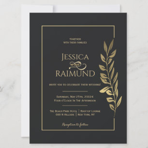 Gold Leaves Modern Black Wedding Invitation