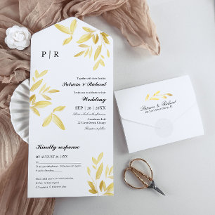 Gold Leaves Monogram Elegant Wedding All In One Invitation