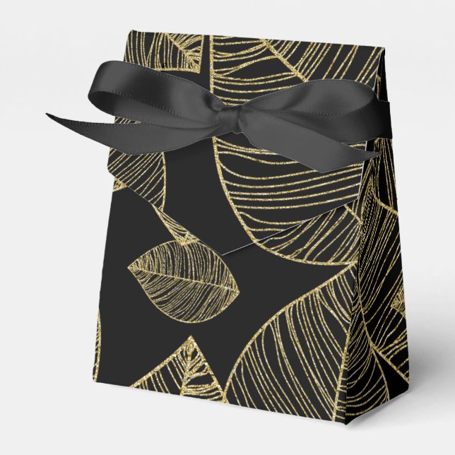 Gold Leaves on Black Elegant Favour Boxes (Front Side)