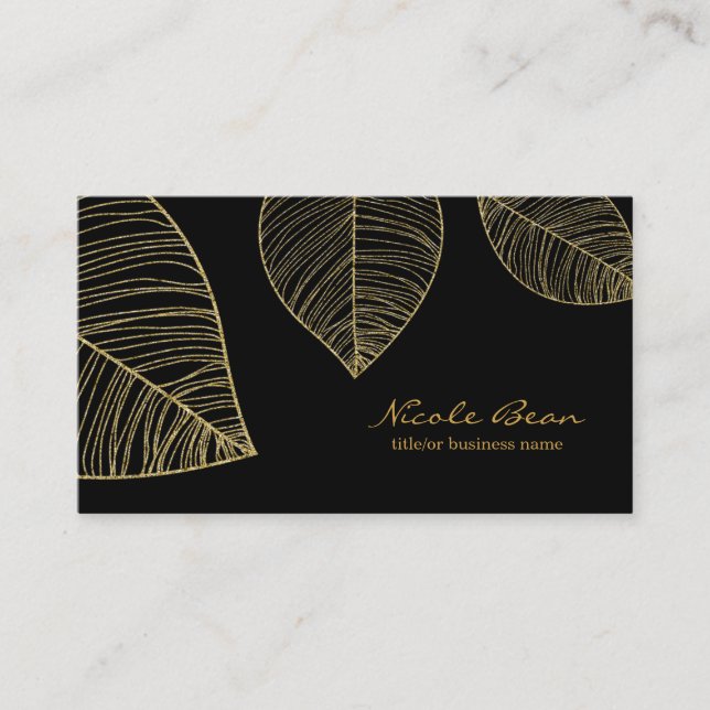 Gold Leaves on Black Elegant Glam Professional Business Card (Front)