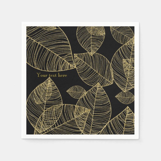 Gold Leaves on Black Elegant Wedding Party Napkin (Front)
