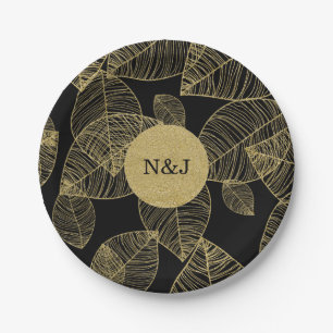 Gold Leaves on Black Elegant Wedding Party Paper Plate