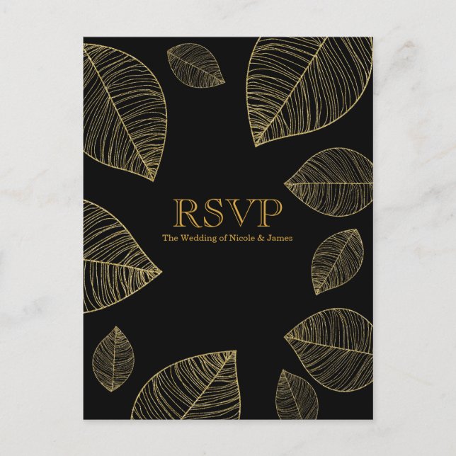 Gold Leaves on Black Elegant Wedding RSVP Card (Front)