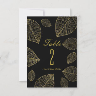 Gold Leaves on Black Elegant Wedding Table Number