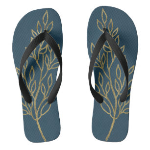 Gold Leaves on Blue Flip Flops