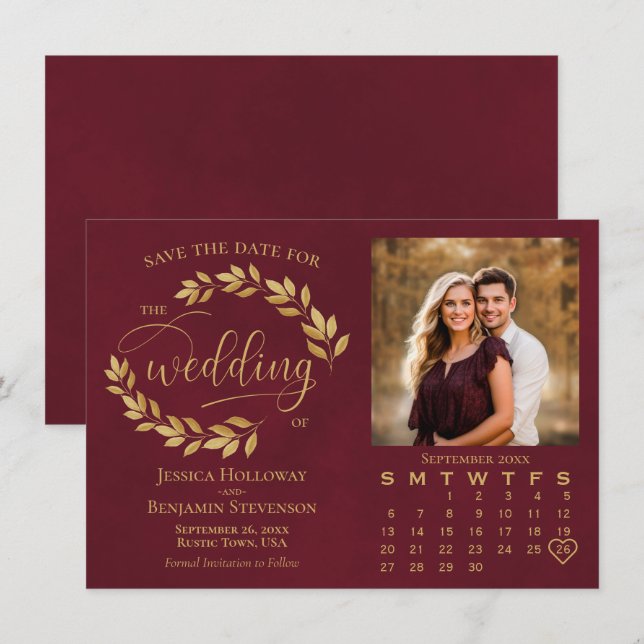 Gold Leaves on Burgundy Photo & Calendar Wedding Save The Date (Front/Back)