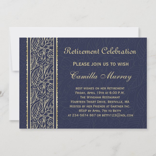 Gold leaves on midnight blue retirement invitation (Front)