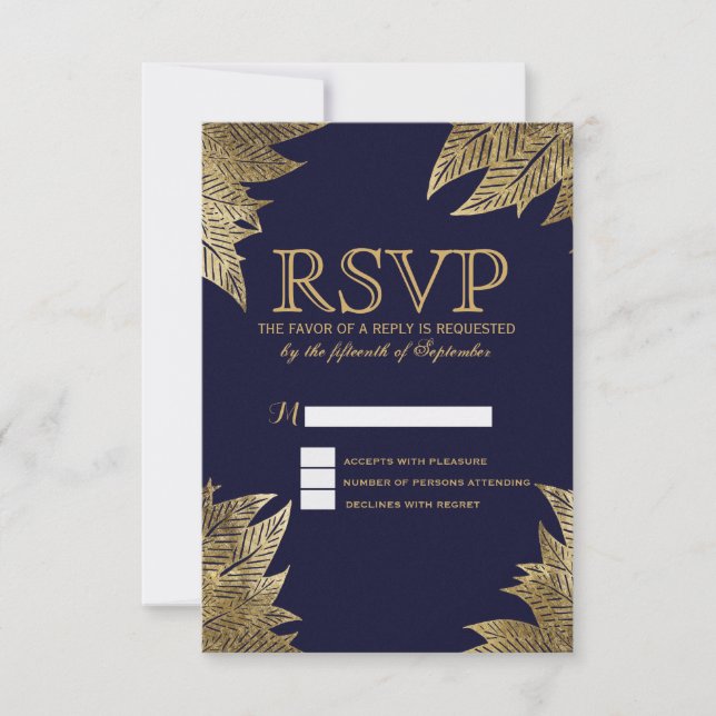 Gold Leaves on Navy Blue RSVP Cards (Front)