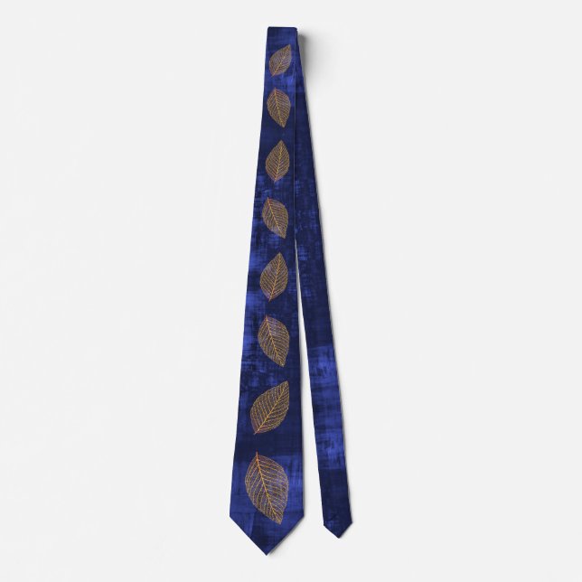 Gold Leaves on Navy Blue Satin look Tie (Front)