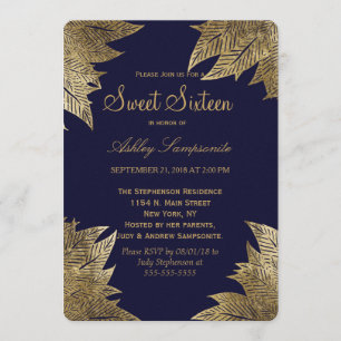 Gold Leaves on Navy Blue Sweet 16 Invitations