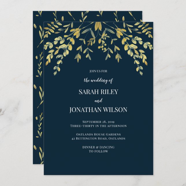 Gold Leaves on Navy Wedding invitation (Front/Back)