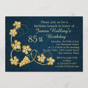 Gold leaves on vine, blue damask 85th Birthday Invitation
