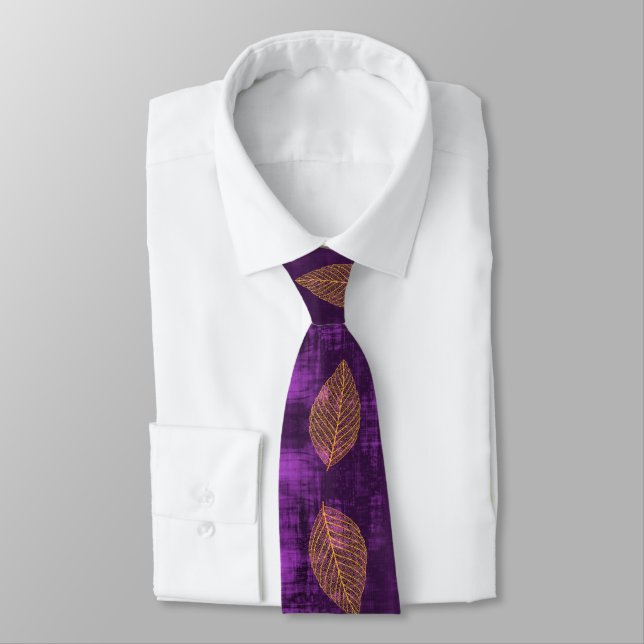 Gold Leaves on Violet Purple Satin look Tie (Tied)