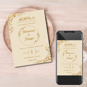 Gold Leaves Ornate Muslim Wedding Nikah Walima Invitation