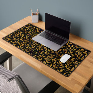 Gold Leaves Pattern on Black Monogram Desk Mat