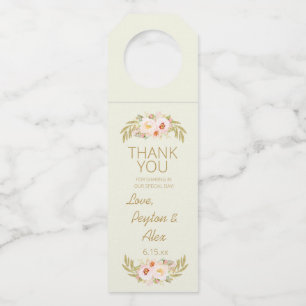 Gold Leaves Pink Floral Ivory Cream Wedding Thank Bottle Tag