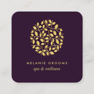 Gold leaves Purple wellness spa massage yoga Square Business Card