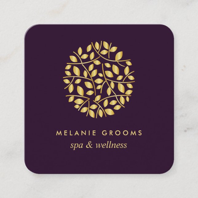 Gold leaves| Purple | wellness spa massage yoga Square Business Card (Front)