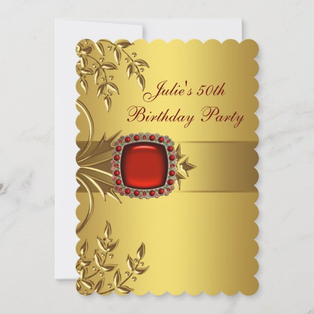 Gold Leaves Red Jewel Womans 50th Birthday Party Invitation (Front)