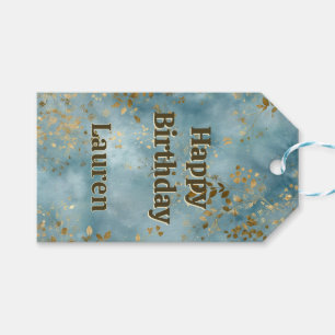 Gold Leaves Teal Background Happy Birthday Gift Tags