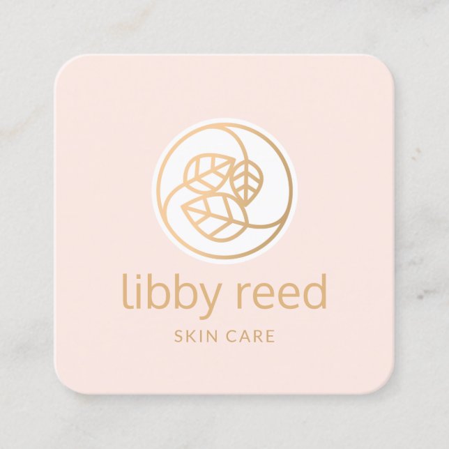 Gold Leaves Trio Logo Square Pink Beauty Spa Square Business Card (Front)