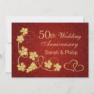 Gold leaves, vine, hearts 50th Wedding Anniversary Invitation