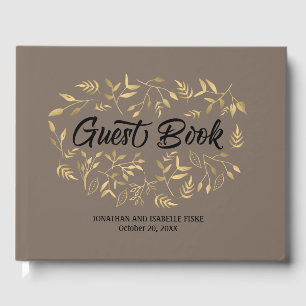 Gold Leaves with Black Text on Taupe Wedding Guest Book