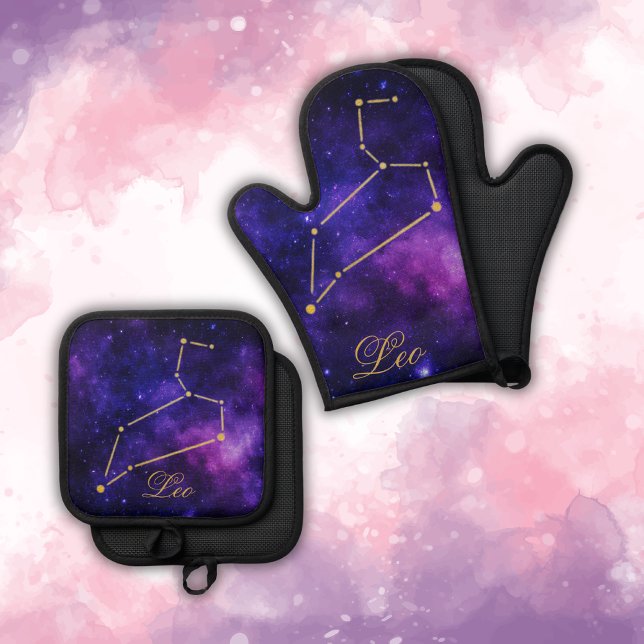 Gold Leo Constellation on Dark Galaxy | Oven Mitt & Pot Holder Set (Creator Uploaded)