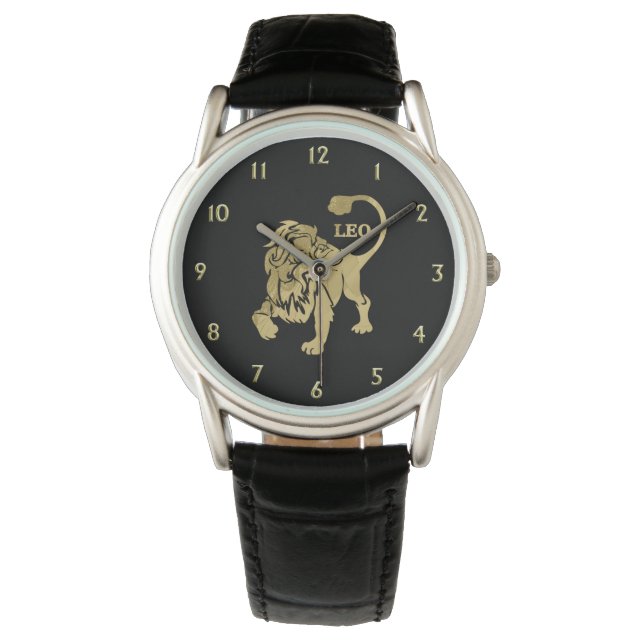 Gold Leo Lion Zodiac on Black Watch (Front)