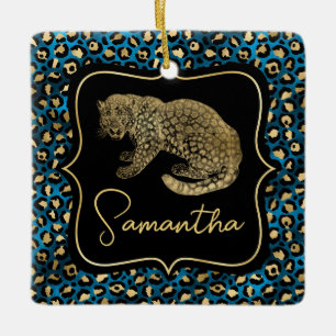Gold Leopard and Blue Leopard Print Ceramic Ornament