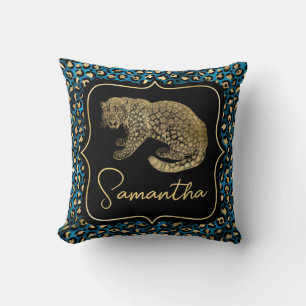 Gold Leopard and Blue Leopard Print Cushion