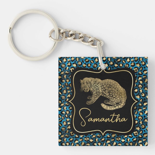 Gold Leopard and Blue Leopard Print Key Ring (Front)