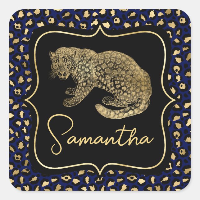 Gold Leopard and Blue Leopard Print Square Sticker (Front)
