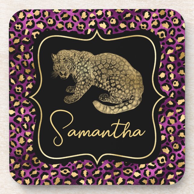 Gold Leopard and Purple Leopard Print Coaster (Front)