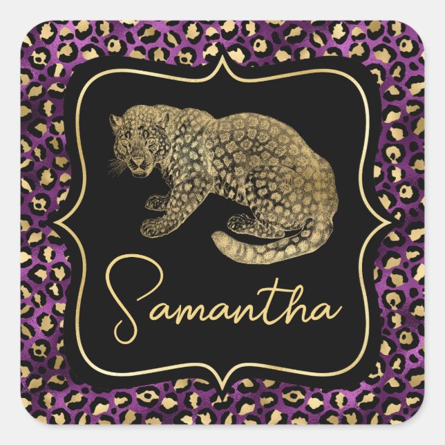 Gold Leopard and Purple Leopard Print Square Sticker (Front)