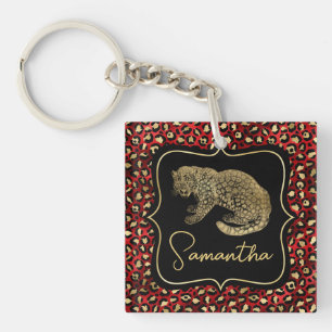 Gold Leopard and Red Leopard Print Key Ring