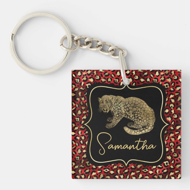 Gold Leopard and Red Leopard Print Key Ring (Front)