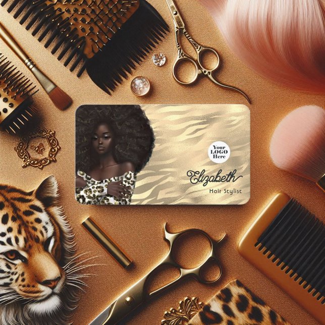 Gold Leopard and Tiger African American Hair Salon Business Card (Gold Leopard and Tiger African American Hair Salon Business Card)
