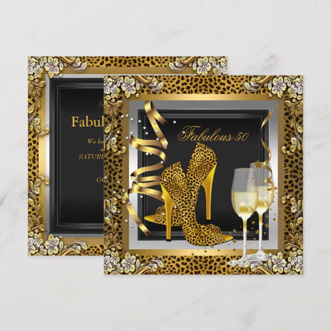 Gold Leopard Black High Heels Shoes Birthday Invitation (Front/Back)