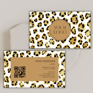 Gold Leopard Cheetah Print Custom Logo QR Code Business Card
