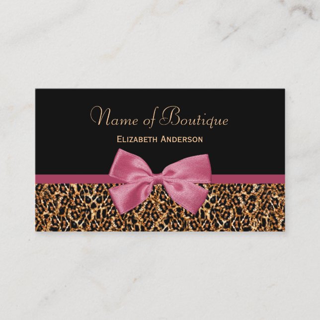 Gold Leopard Fur Chic Mauve Pink Bow Boutique Business Card (Front)