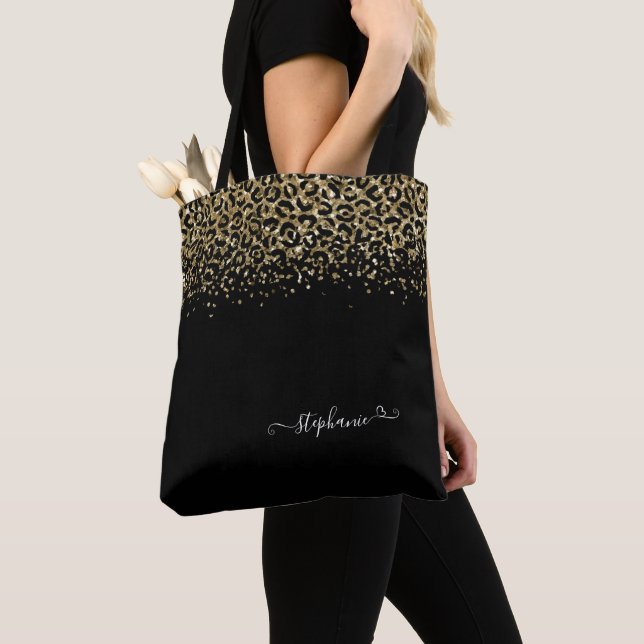 Gold Leopard Glitter Monogram Black Tote Bag (Close Up)