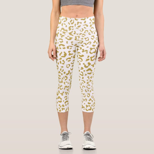 Gold Leopard, Gold Glitter, Leopard Print Capri Leggings (Front)