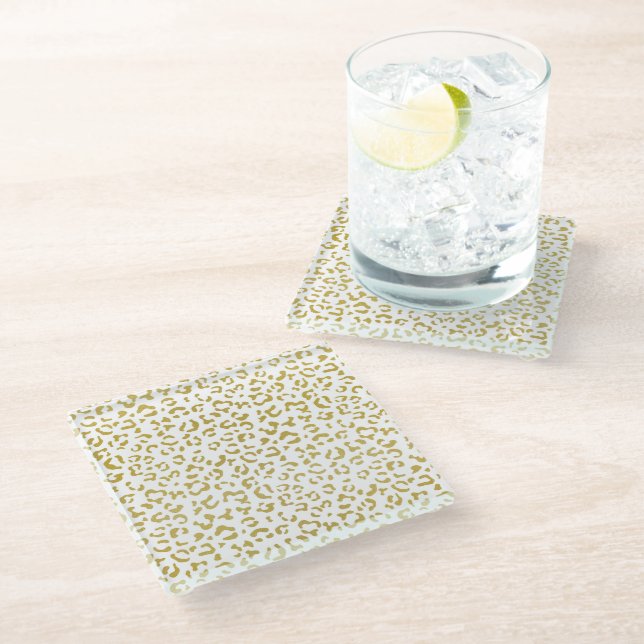 Gold Leopard, Gold Glitter, Leopard Print Glass Coaster (Angled)