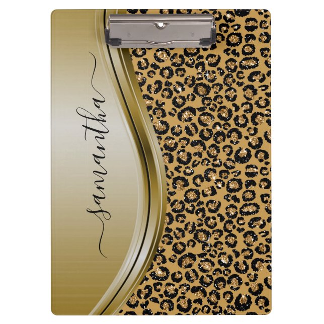 Gold Leopard  Handwritten Name Metal Monogram Clipboard (Front)