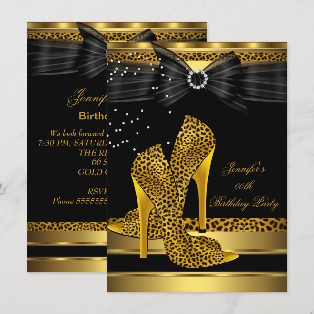 Gold Leopard High Heel Black Bow Birthday Party 3 Invitation (Front/Back)