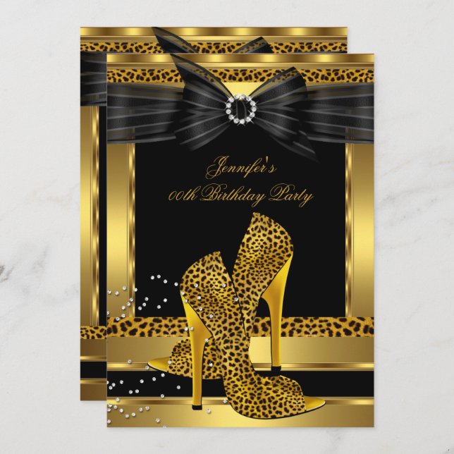 Gold Leopard High Heel Shoe Black Birthday Party Invitation (Front/Back)