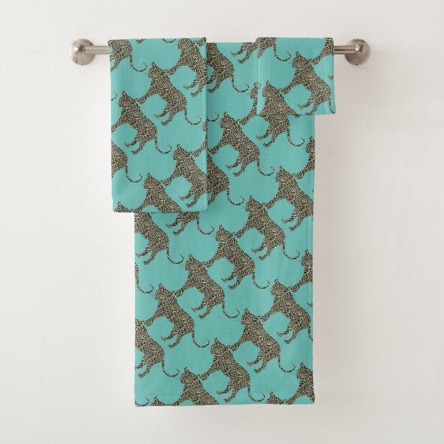 Gold leopard on teal towel set (Insitu)