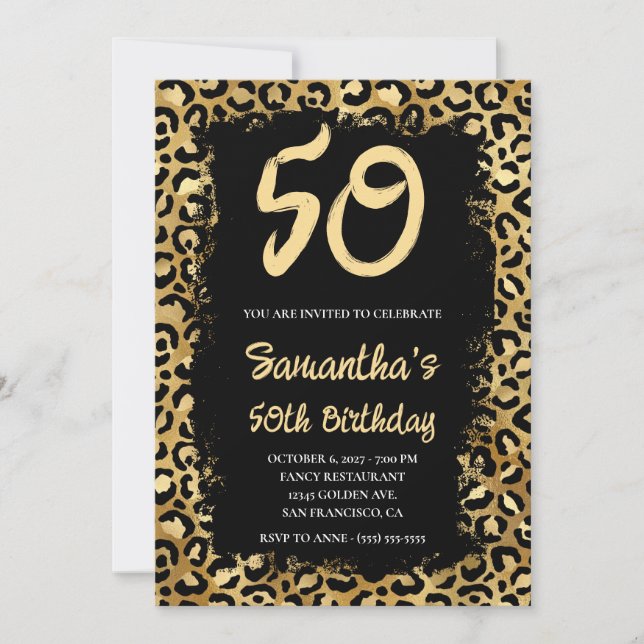 Gold Leopard Painted Black 50th Birthday Invitation (Front)